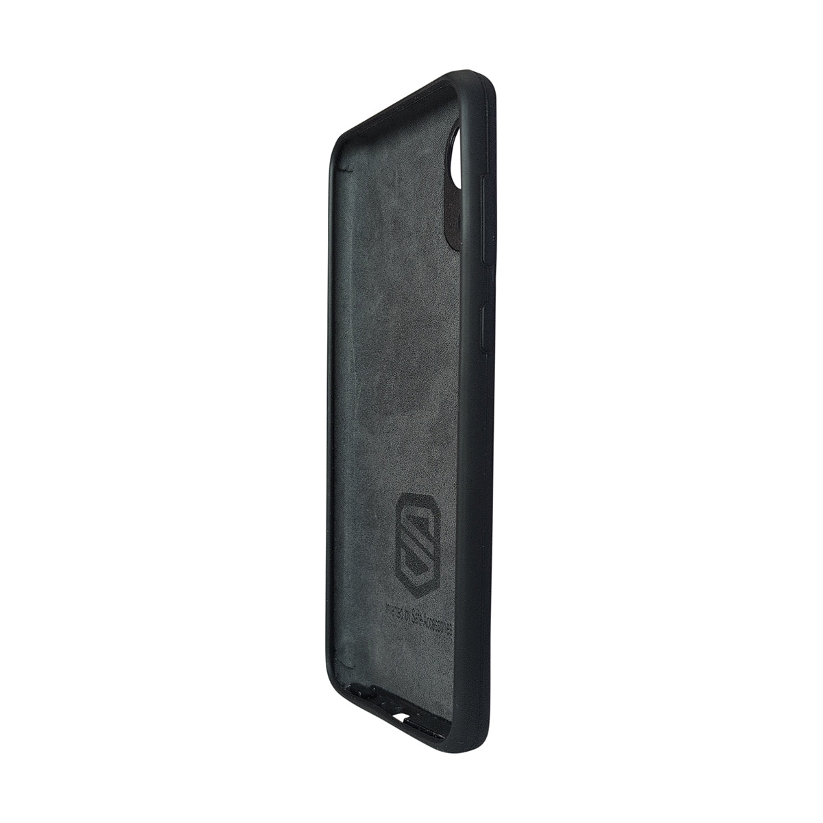 A black rugged phone case with a textured dark gray back panel and a debossed shield logo, shown from a side angle on a plain white background.