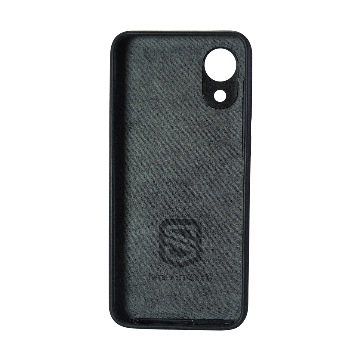 A black textured phone case with a circular camera cutout and a debossed geometric logo near the bottom, shown on a plain white background.