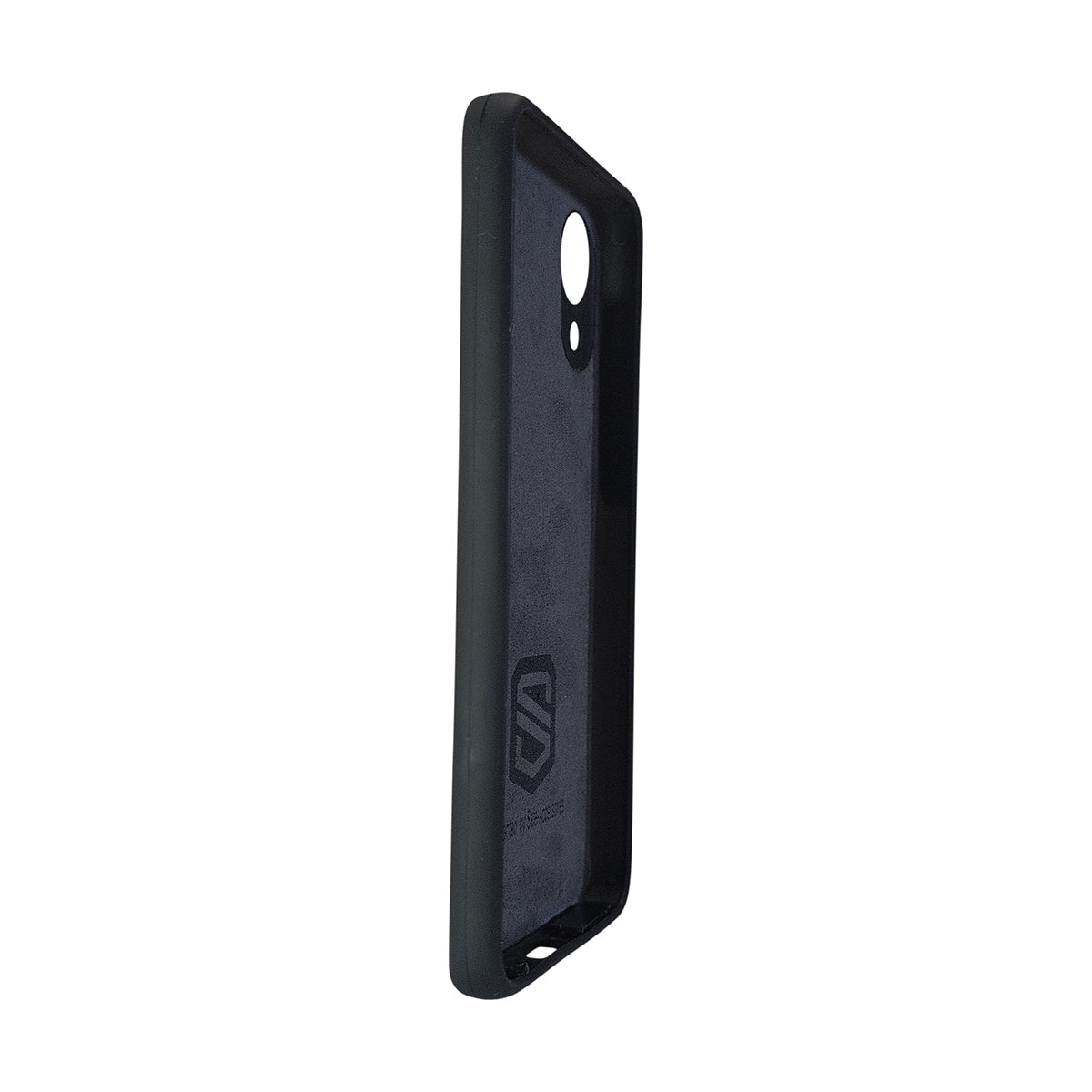 A black protective phone case with a textured dark gray inner lining, shown from a side profile view on a plain white background.