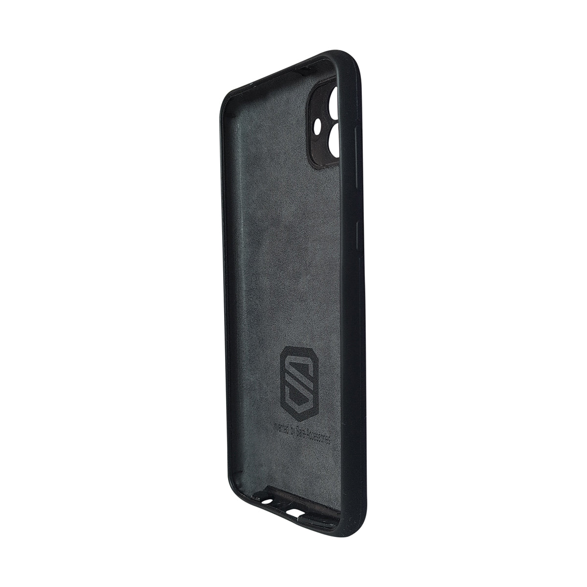 Black phone case with brand logo on a white background