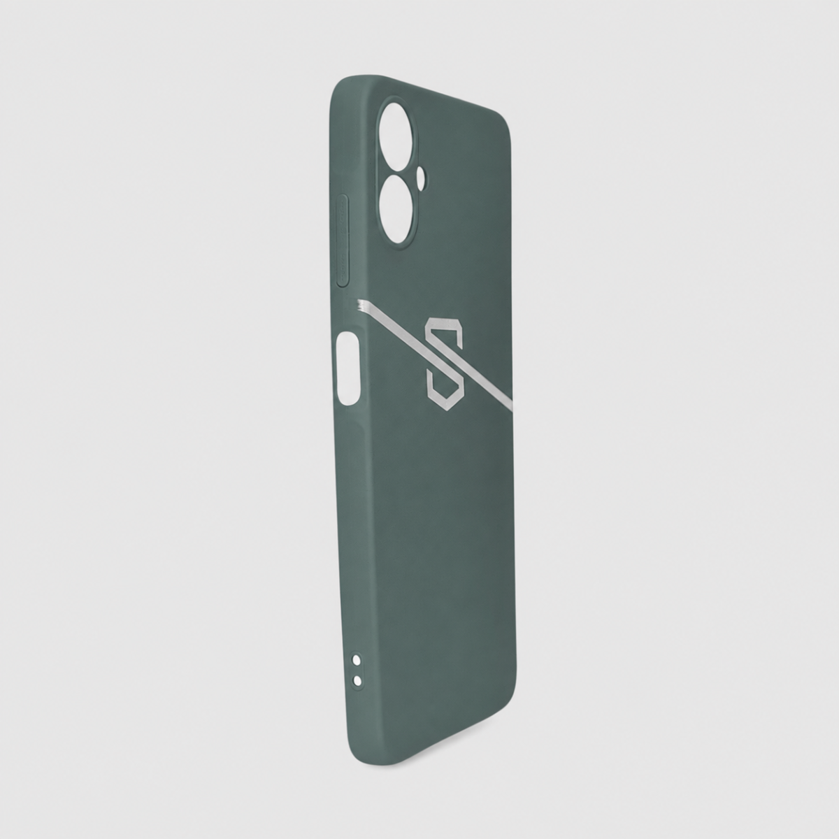 A dark green phone case for samsung a 06 with a white SAFE CASE logo and diagonal stripe, shown from a side angle on a light gray background.
