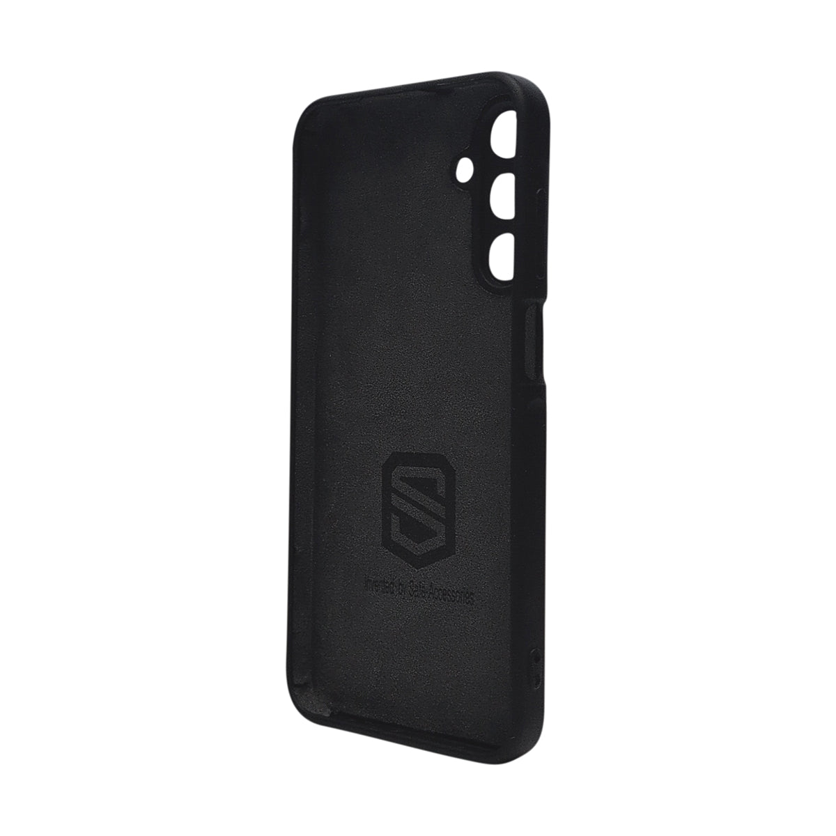 A black textured phone case with a debossed shield logo and the brand name 'Safe Accessories' on the back, shown against a plain white background.