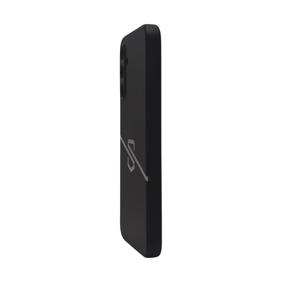 A black protective phone case with a gray stylized 'S' logo on the back, shown in a side profile view against a plain white background.