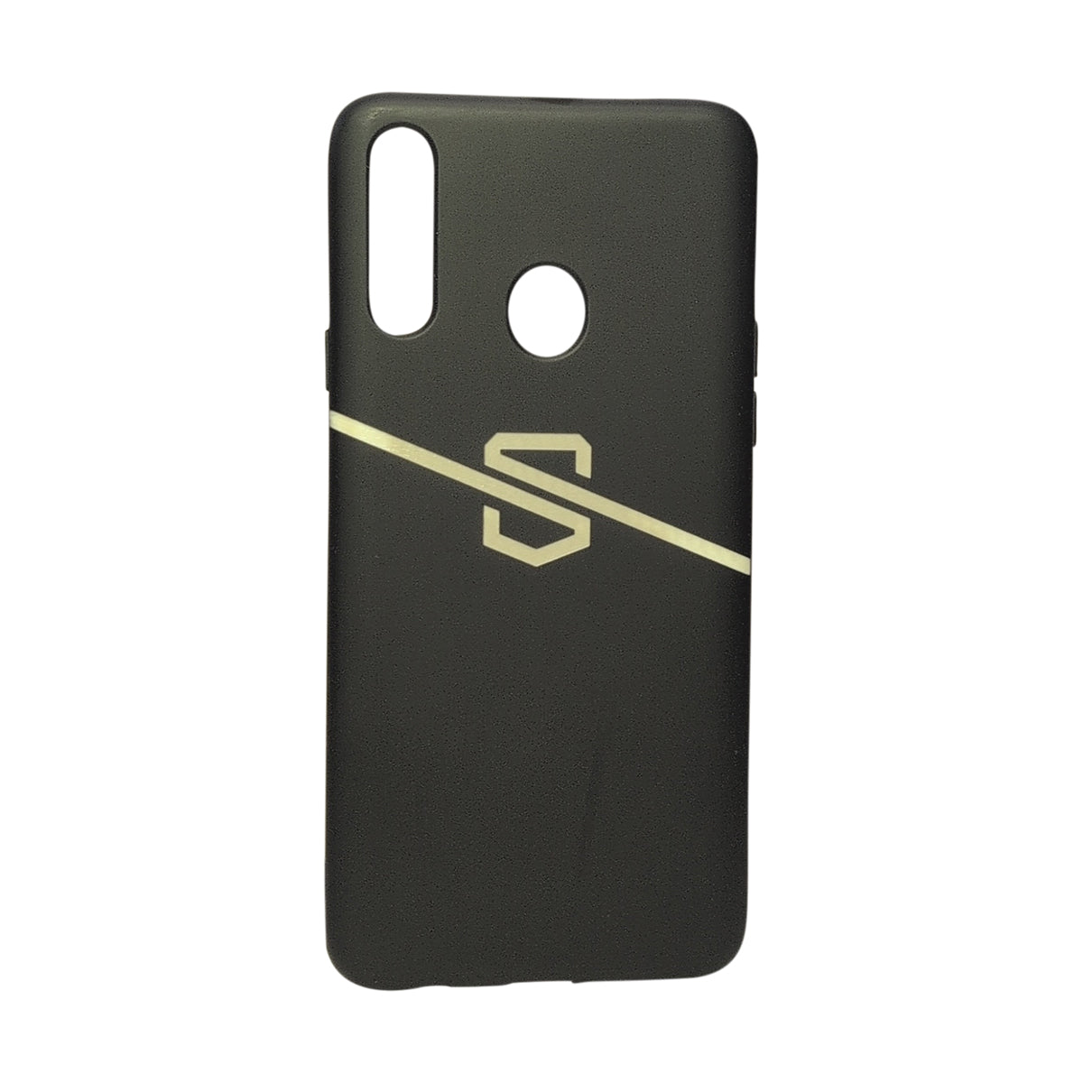 A matte black phone case featuring a diagonal stripe and a geometric 'S' logo on the back, shown against a plain white background.