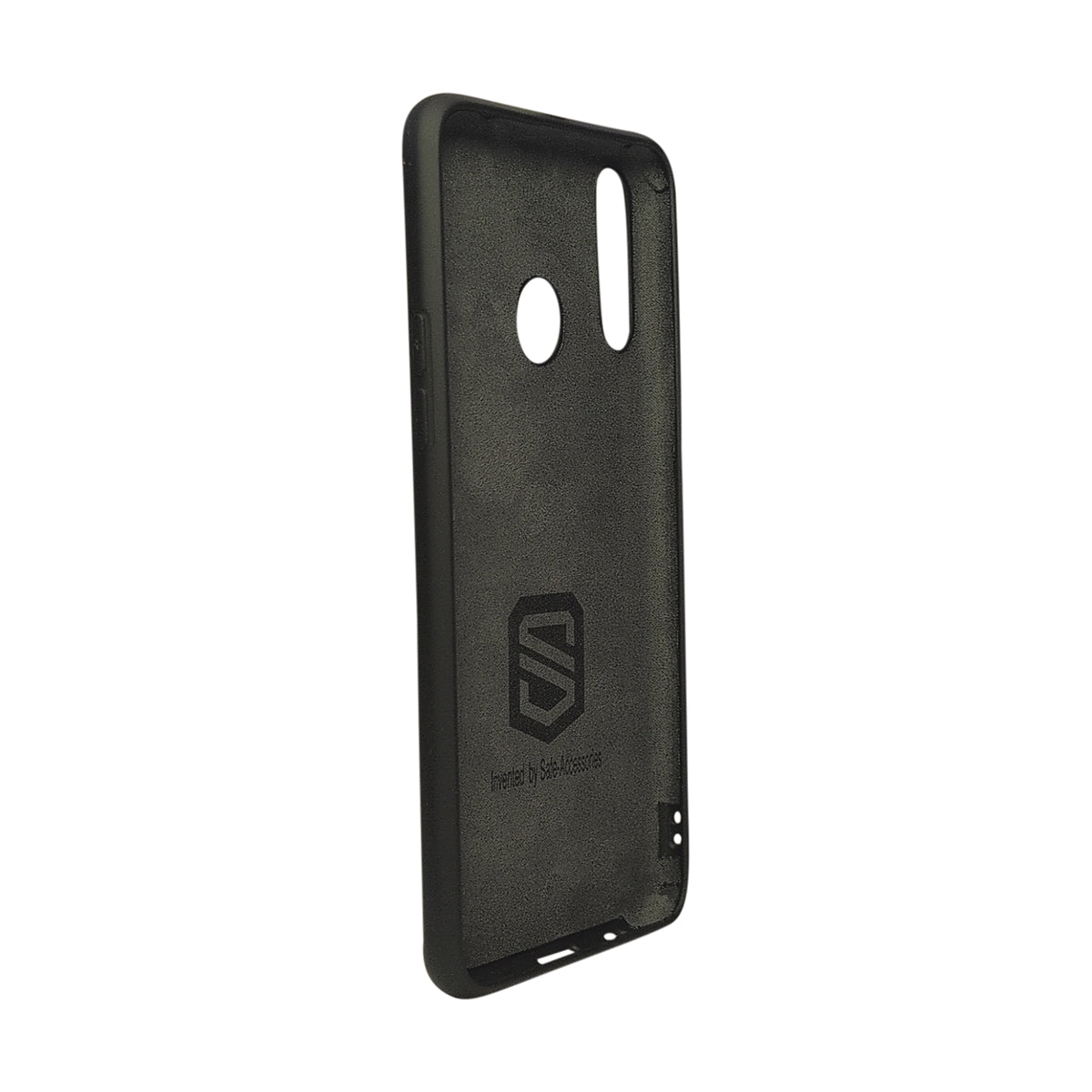 A black textured phone case with a matte finish, featuring a circular camera cutout and a debossed shield logo with the text 'Design by Safe-Accessories' on the back, shown against a plain white background.