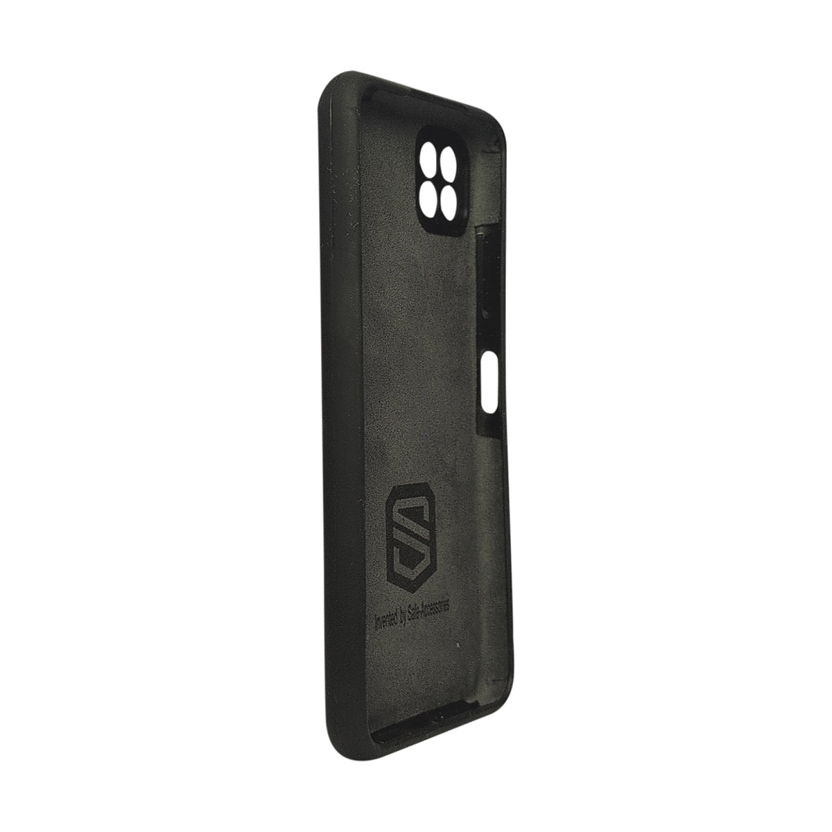 A dark gray textured phone case with a black bumper edge, featuring a debossed shield logo and the text 'Invented by Safe-Accessories' on the back, shown against a plain white background. photo from angle