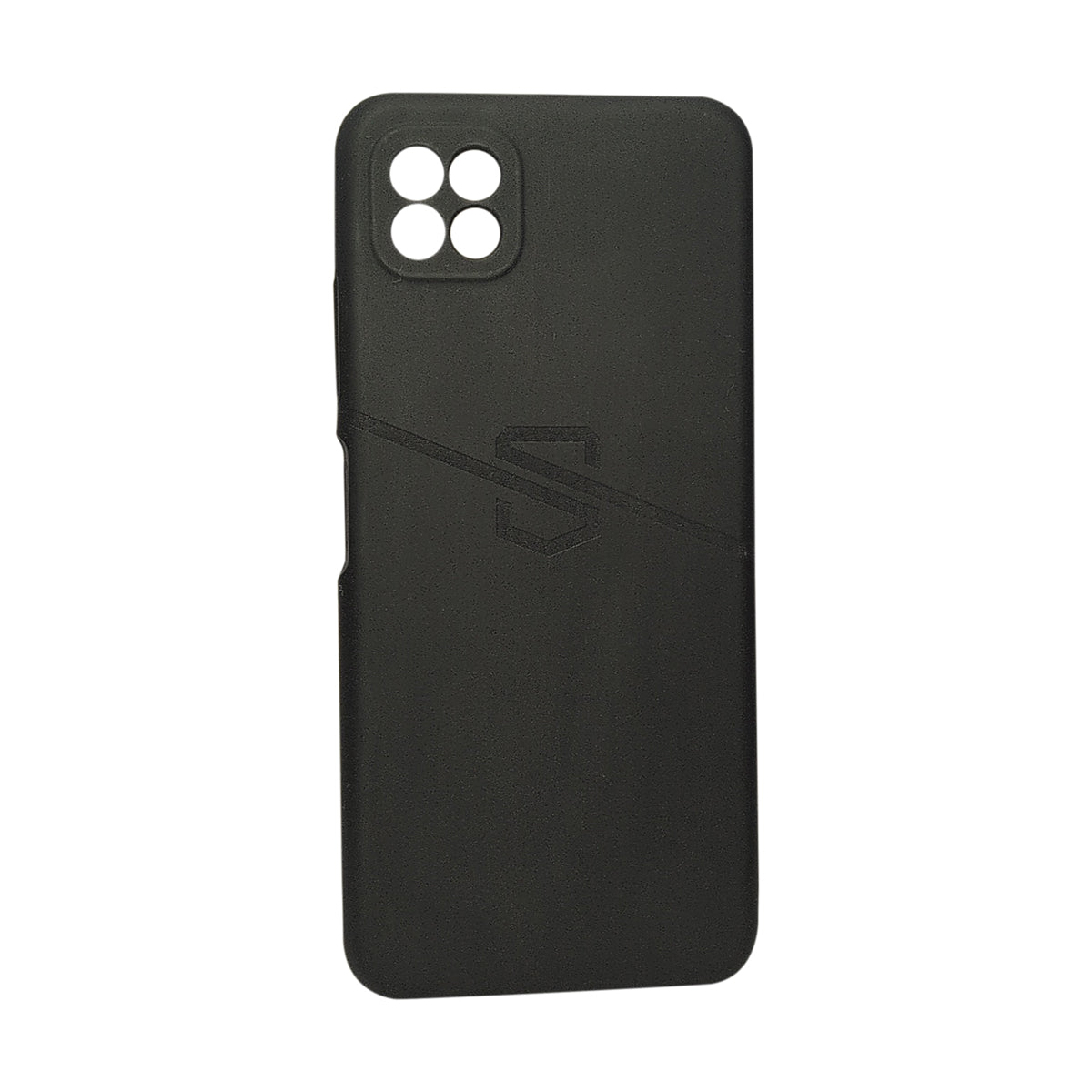 A matte black protective phone case with a raised embossed stylized 'S' logo on the back, shown against a plain white background.