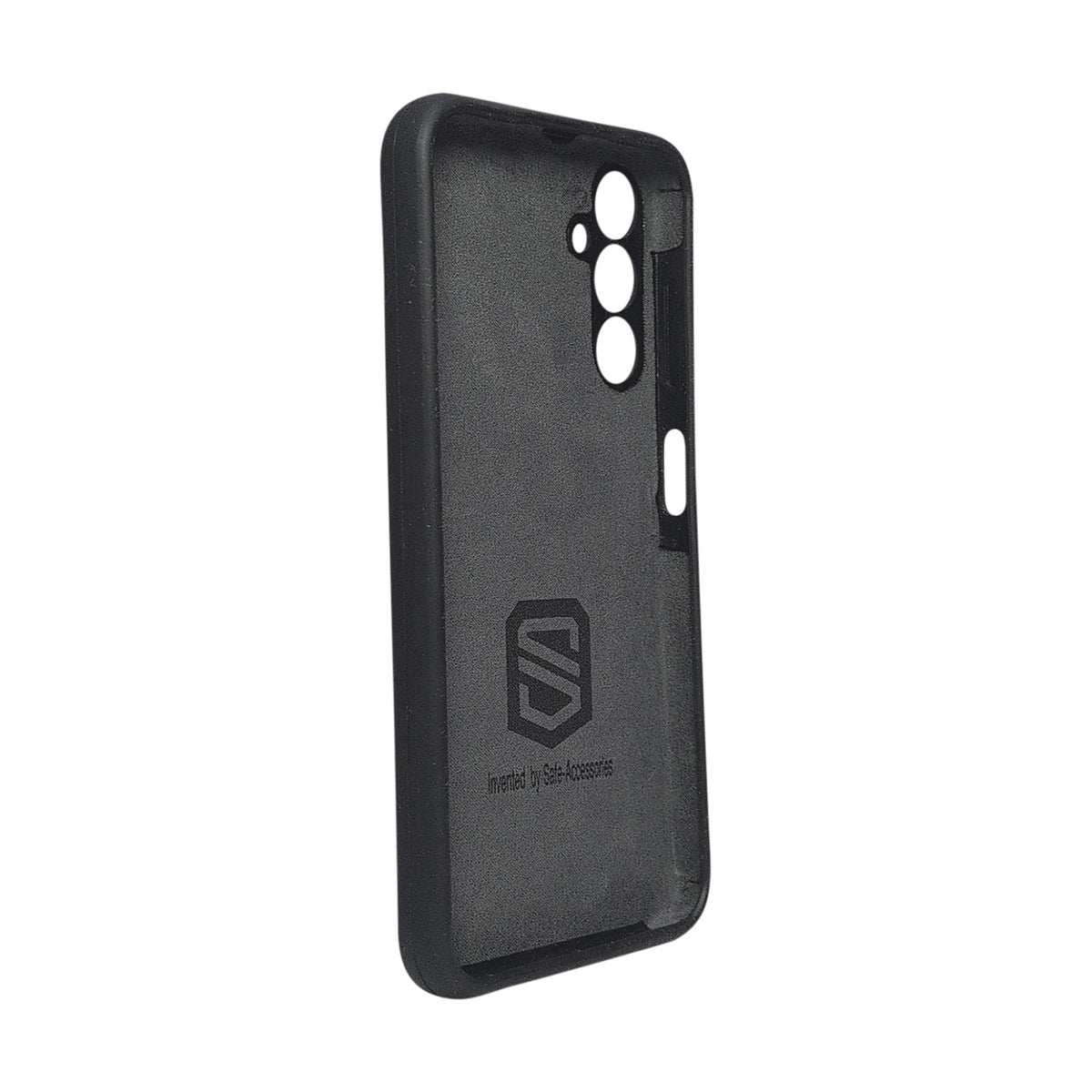 Black textured phone case with a matte finish, featuring a debossed shield logo and the text 'Invented by Safe Accessories' on the back, shown on a plain white background.