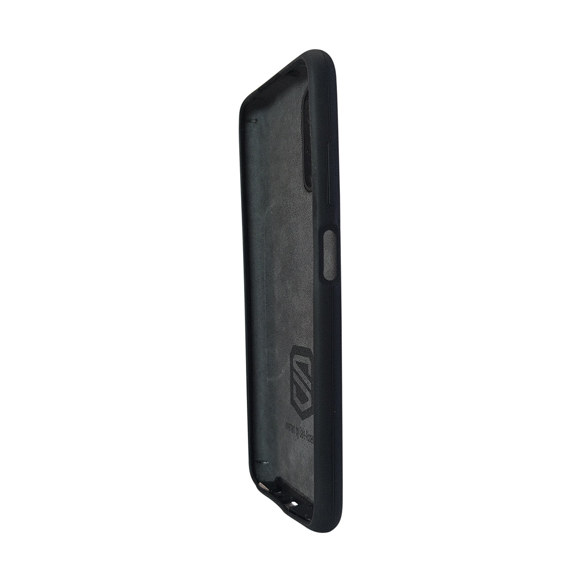 side view of Black phone case with a brand logo on a white background