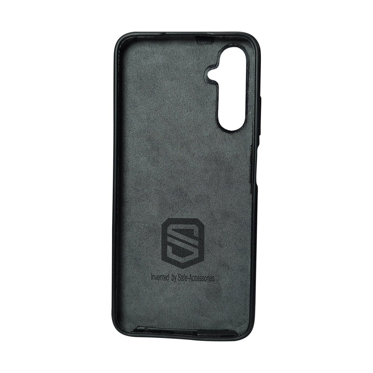 Black phone case with a brand logo on a white background