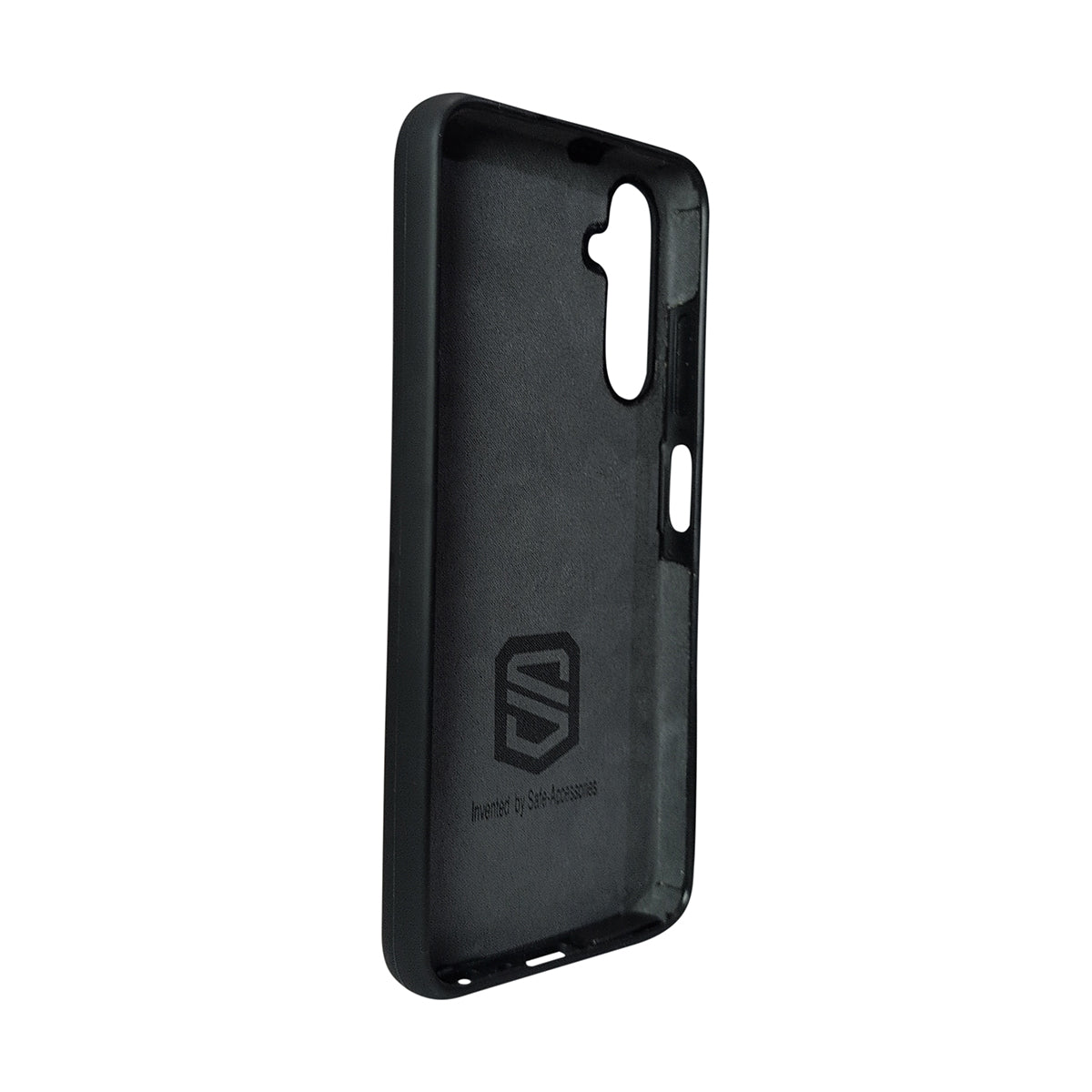 Black phone case with a brand logo on a white background