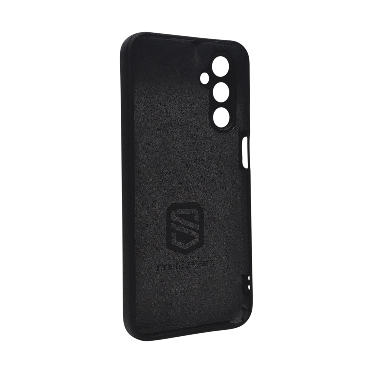 A black textured phone case with a matte finish, featuring a debossed shield logo with an 'S' and the text 'Safe Accessoris' on the back, shown on a plain white background.