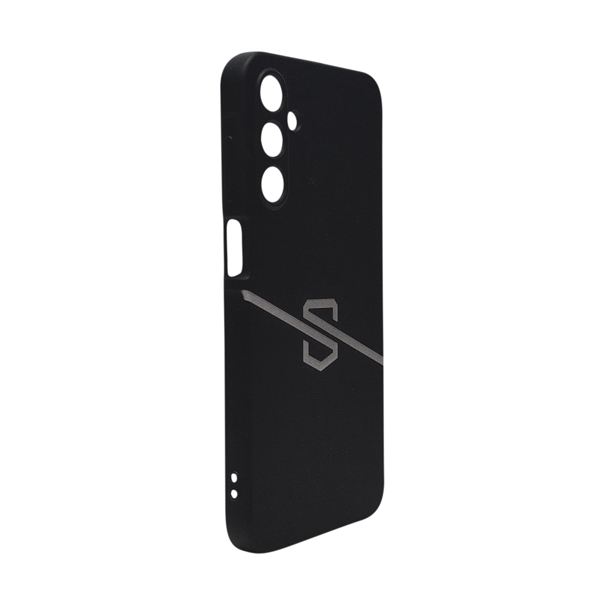 A black protective phone case with a geometric S logo design on the back, shown against a plain white background.