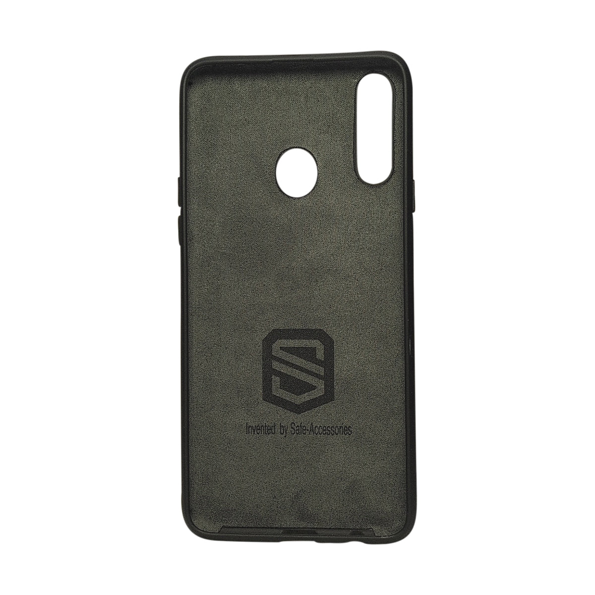 A dark gray textured phone case with a black bumper edge, featuring a debossed 'S' logo and 'Inverted by SafeAccessories' text on the back, shown against a plain white background.