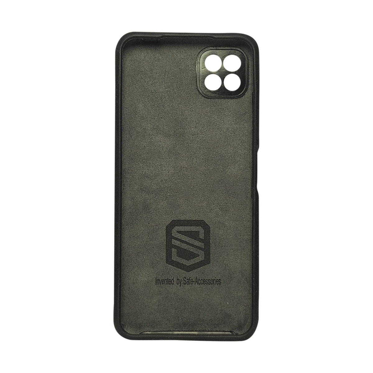 A dark gray textured phone case with a black bumper edge, featuring a debossed shield logo and the text 'Invented by Safe-Accessories' on the back, shown against a plain white background.