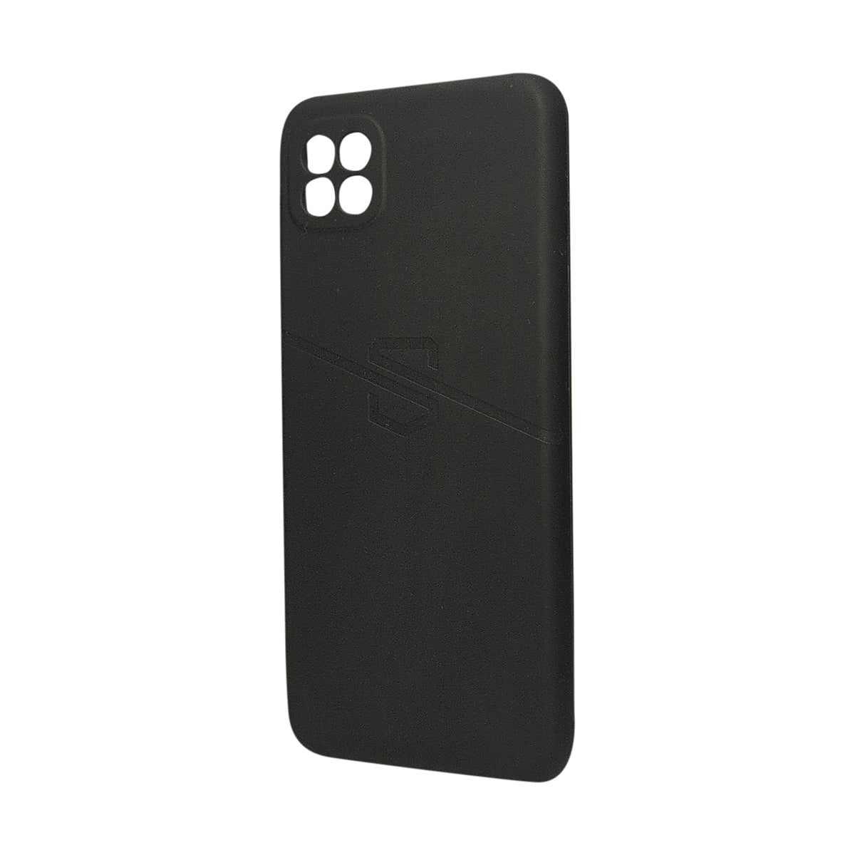 A matte black protective phone case with a raised embossed stylized 'S' logo on the back, case have ability to block EMF 