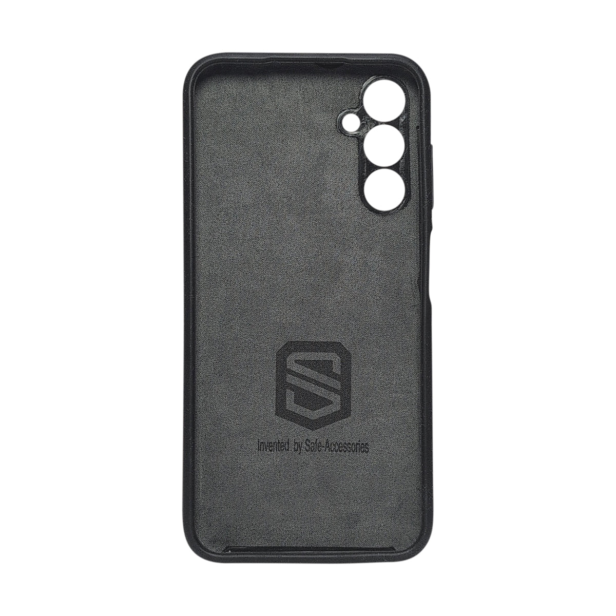 A black textured phone case with a triple-camera cutout and a debossed Safe Accessories logo on the back, shown against a plain white background.
