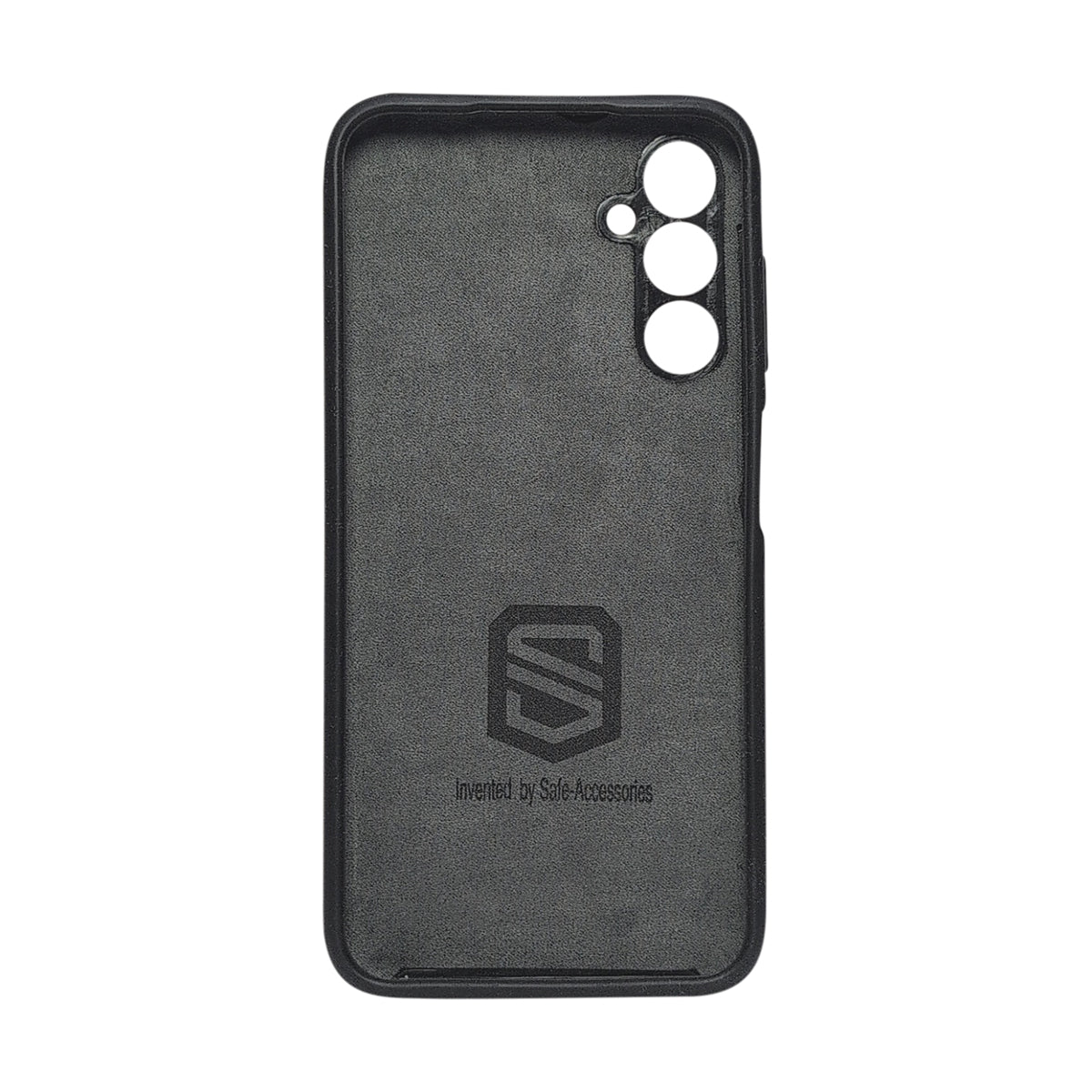 A black EMF radiation blocking phone case and a debossed Safe Accessories logo on the back, shown against a plain white background.