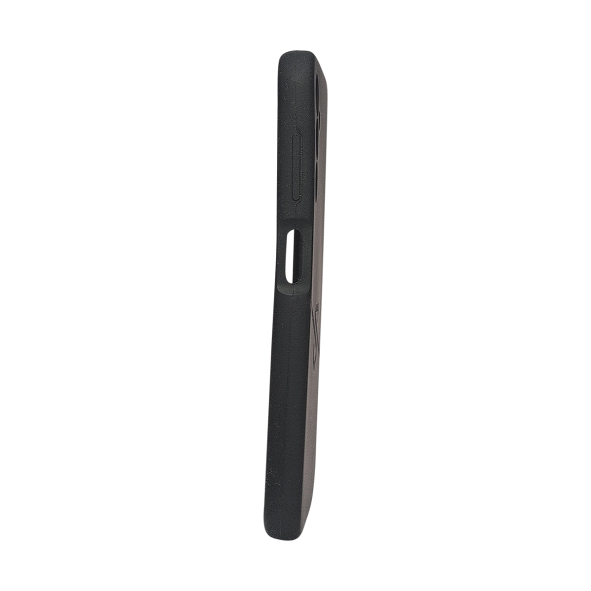 A black protective phone case shown from the side profile on a solid white background.