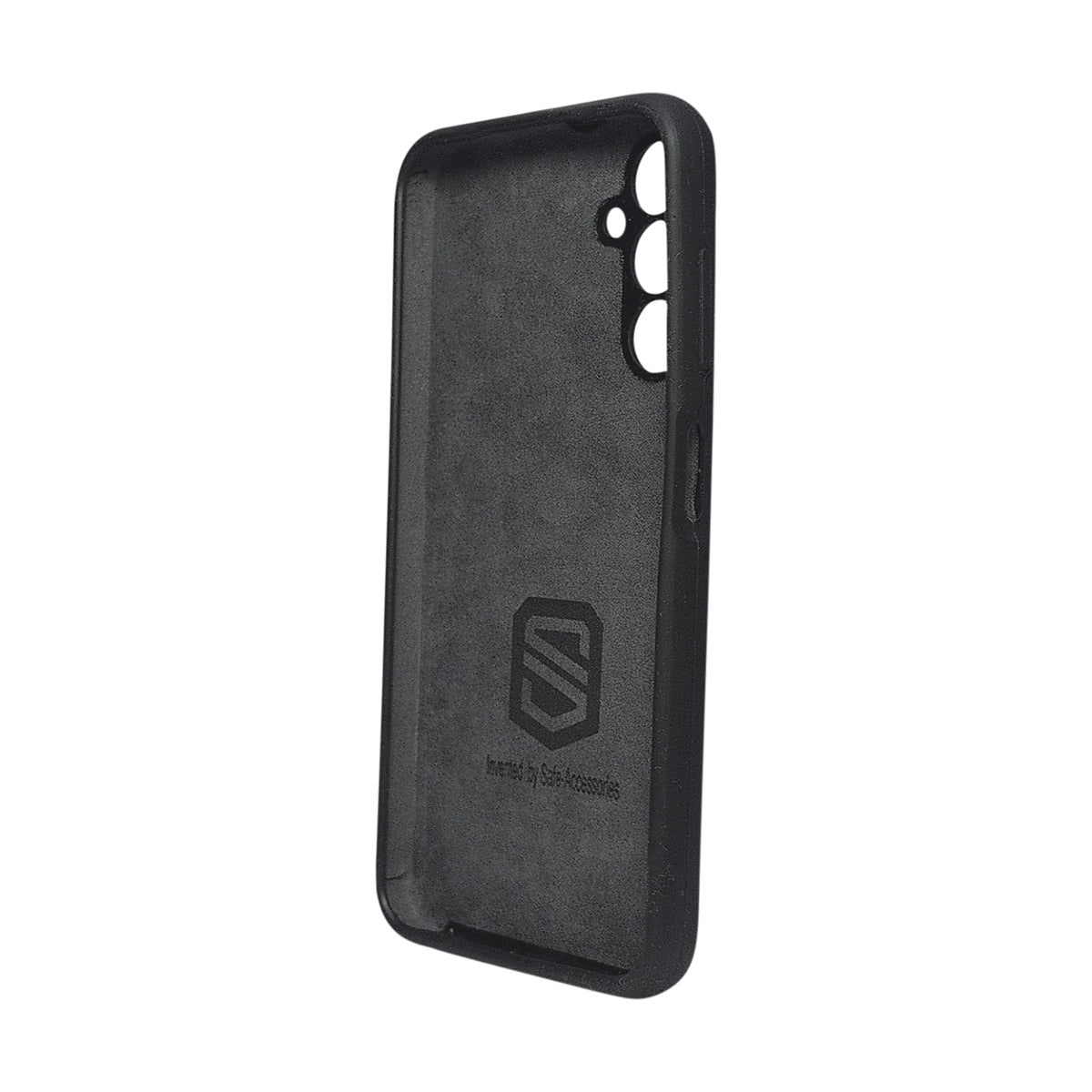 A black textured phone case with a matte finish, featuring a debossed shield logo and the text 'Inspired by SafeAccessories' on the back, shown on a plain white background.