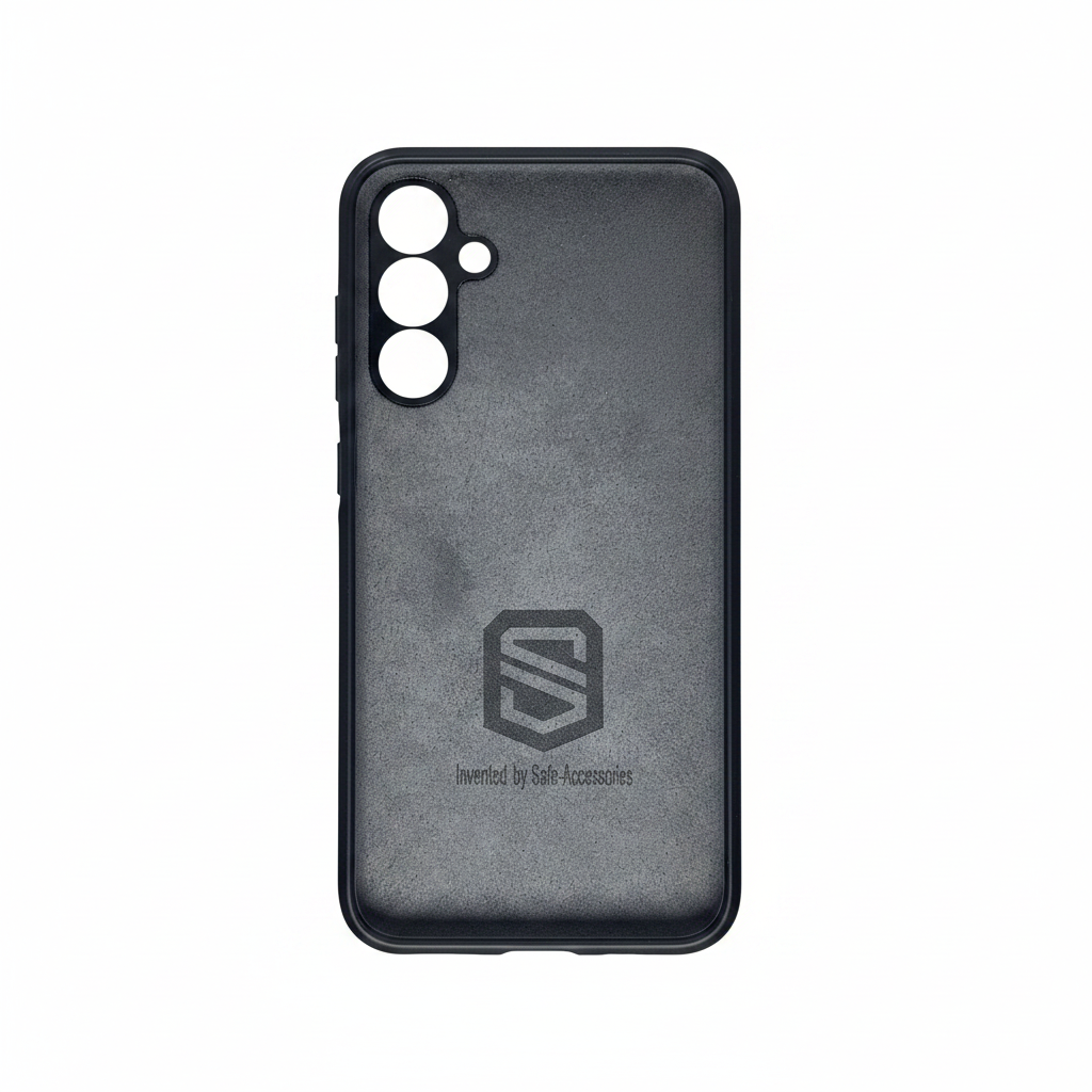 Inside of Samsung Galaxy A15 phone case designed to protect against EMF radiation with raised edges and soft TPU material.