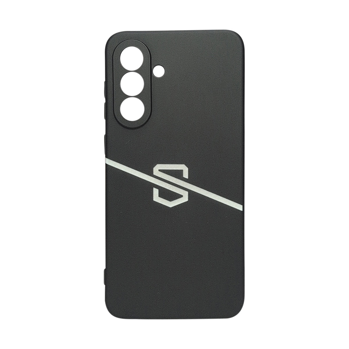 Black Samsung Galaxy A37 anti-radiation phone case angled rear view