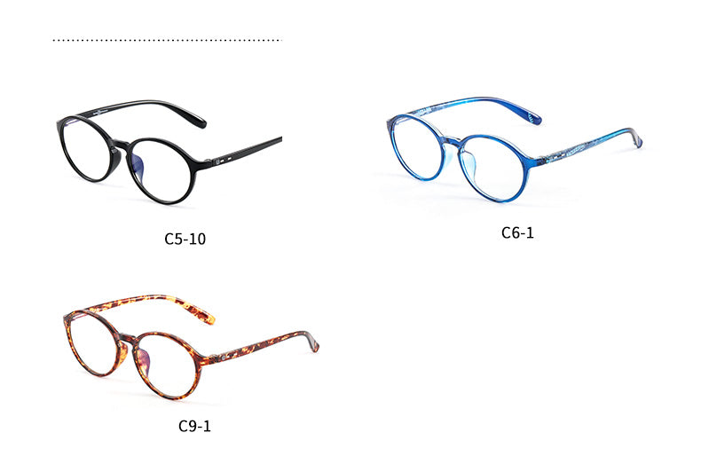 Anti-blue light glasses in black, brown, and blue.