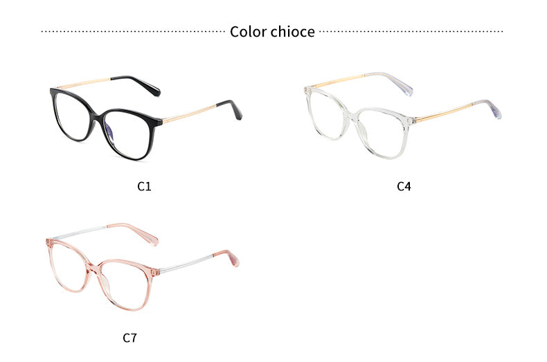 Color choice of anti-blue light glasses: Black, gold, and no-color (transparent) frames.