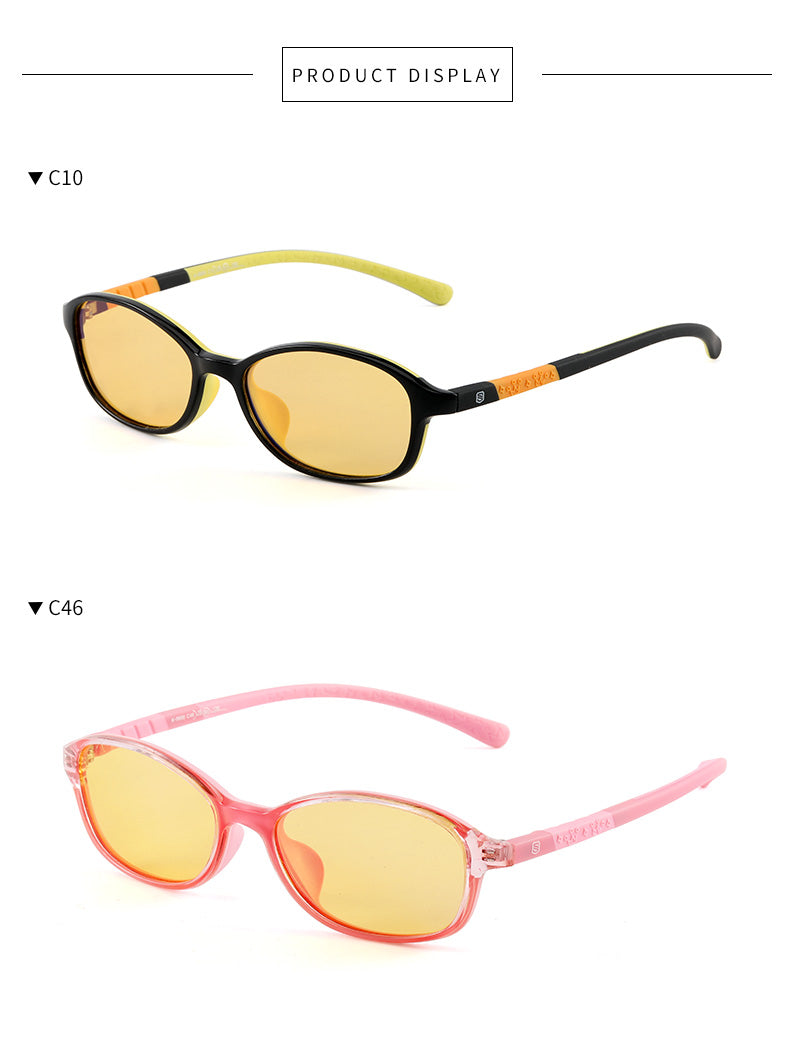 Color choice of yellow lances blue light glasses. Black with yellow or pink frame