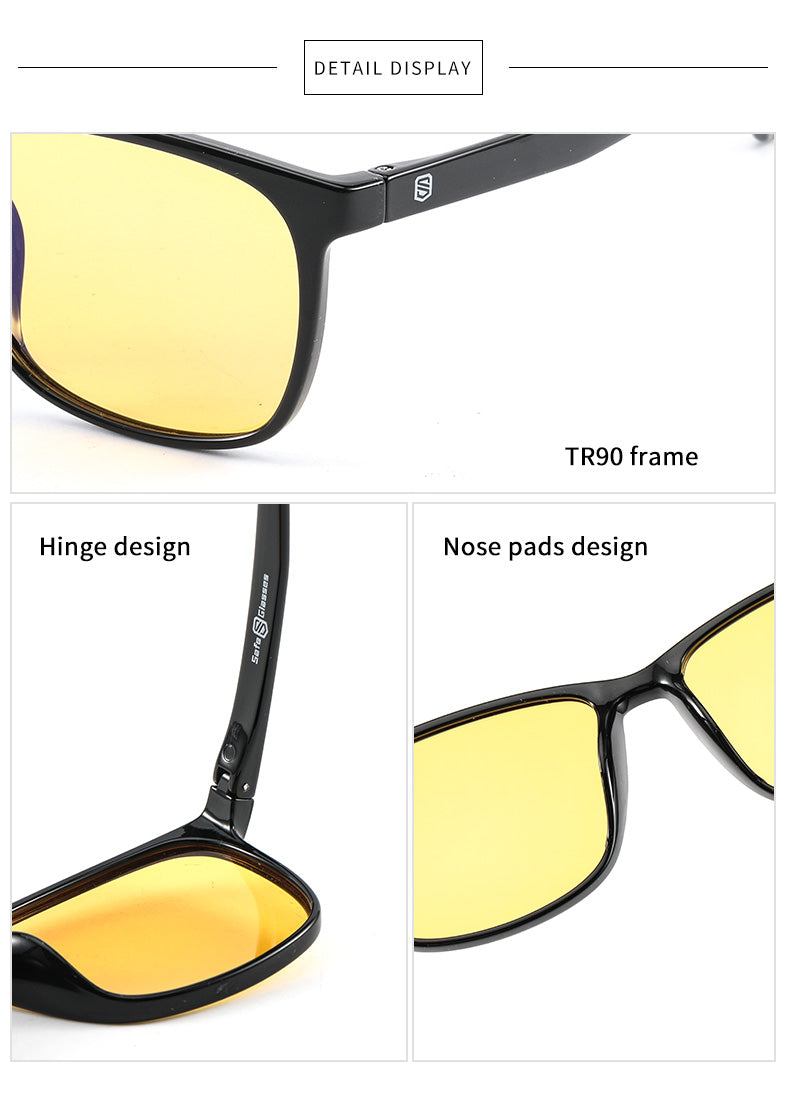 A close-up view of a pair of yellow-lens anti-blue light glasses.